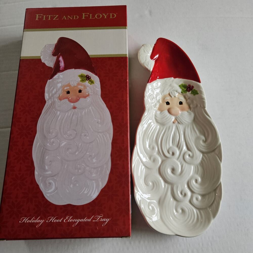Fitz And Floyd 2016 Holiday Hoot Elongated Ceramic Santa Claus Tray